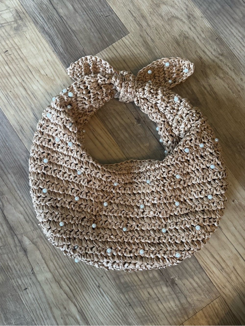 NWOT Haute Hippie Straw Pearl-Embellished Woven Shoulder Hobo Bag in Natural Tan